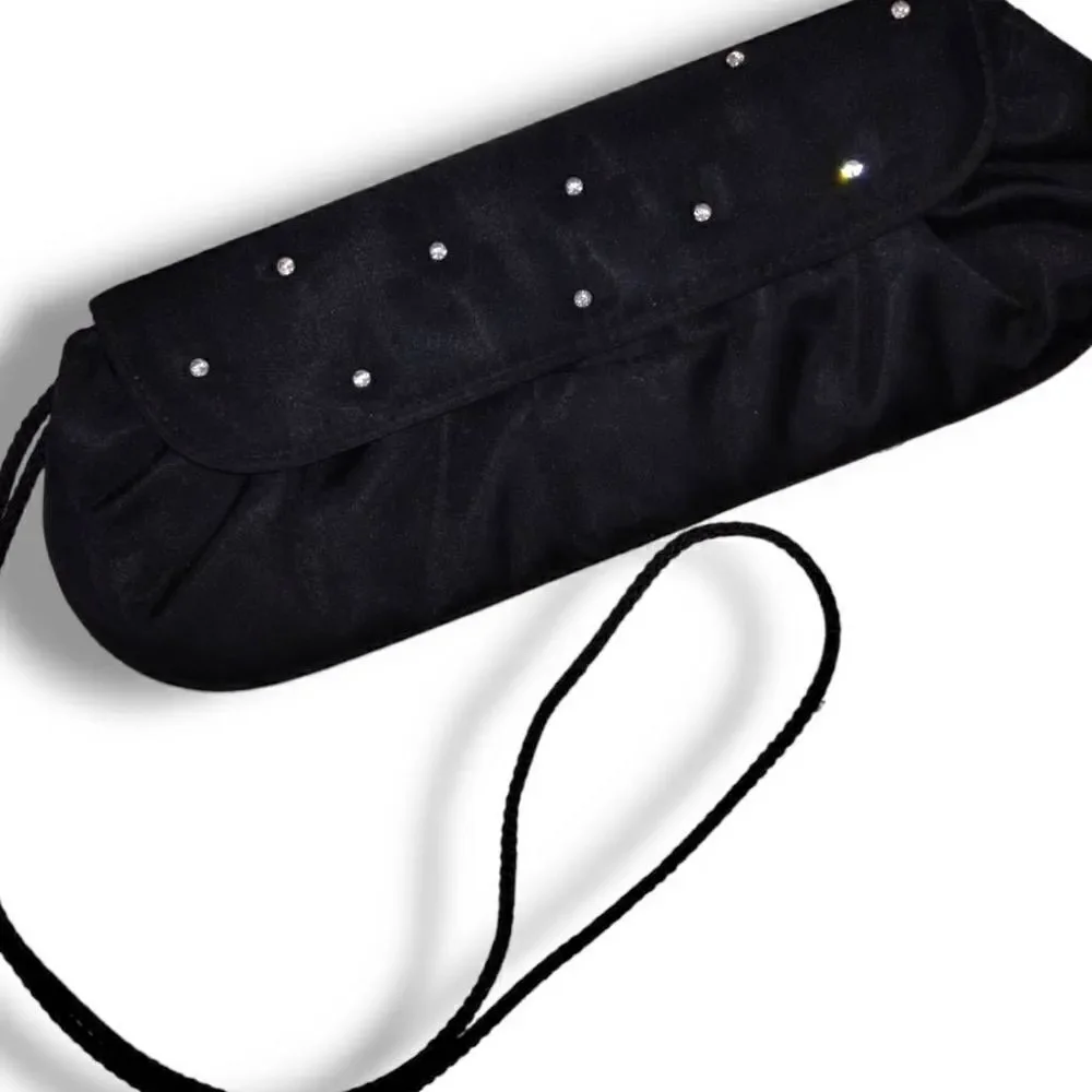 Preston & York Evening Bag‎ Black Satin Rhinestones Rectangle Shoulder Strap